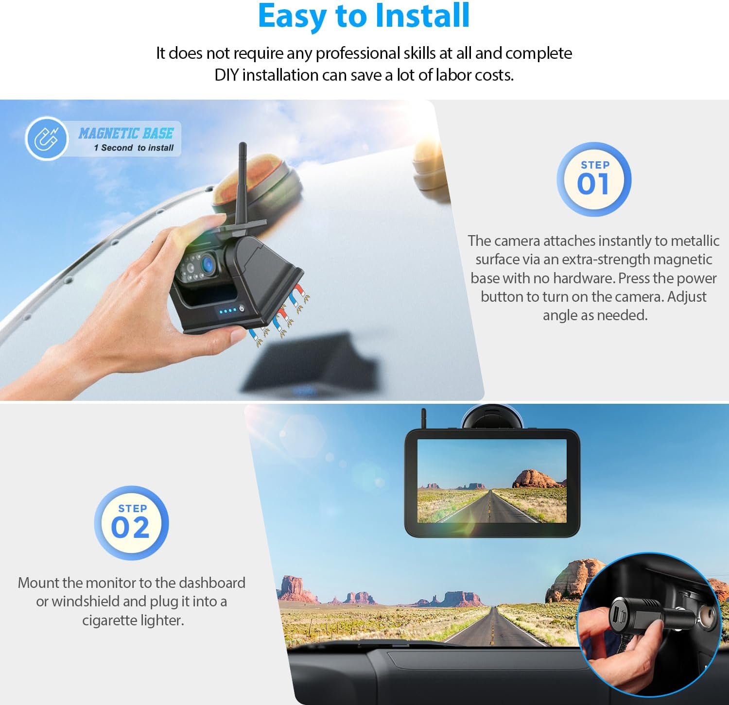 ZEROXCLUB Solar Magnetic Base Wireless Backup Camera HD 1080P 7