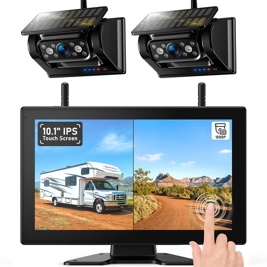 ZEROXCLUB Magnetic Solar Wireless Backup Camera HD 1080P DVR 10.1" Touchscreen Monitor, Dual RV Backup Cameras Wireless System for RV Trailer Truck Camper, Built-in 9600mAh Solar Battery, BCX1002