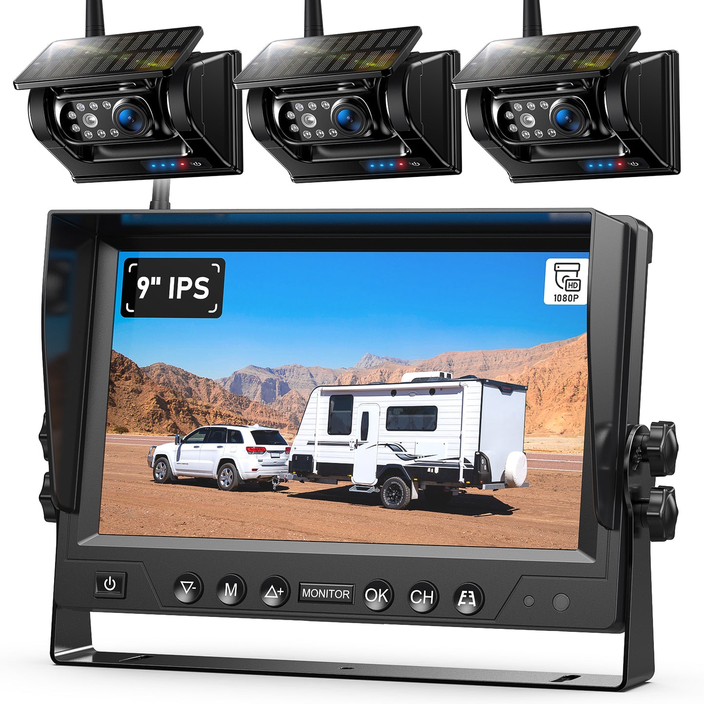 ZEROXCLUB 3 Magnetic Solar Wireless Backup Camera System, Quad RV Rearview Backup Cameras Wireless System with HD1080P 9 Inch DVR Monitor for Trailer RV Trucks, Built-in 9600mAh Solar Battery, BL903