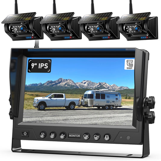 ZEROXCLUB 4 Magnetic Solar Wireless Backup Camera HD1080P 9" Loop Recording Monitor, Quad RV Rearview Backup Cameras Wireless System for Trailer RV Trucks, Built-in 9600mAh Solar Battery, BL904